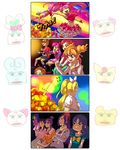  6+girls :d akimoto_komachi aono_miki blonde_hair blue_hair bow chiffon_(fresh_precure!) chypre_(heartcatch_precure!) closed_eyes coco_(yes!_precure_5) comic couple cure_melody cure_rhythm explosion flappy fresh_precure! futari_wa_precure futari_wa_precure_splash_star gaijin_4koma green_hair hanasaki_tsubomi heartcatch_precure! highres houjou_hibiki hummy_(suite_precure) hyuuga_saki jumping kiss kurumi_erika mepple minamino_kanade minazuki_karen mishou_mai misumi_nagisa momozono_love multiple_girls octopus open_mouth orange_hair owarine_miku pink_bow pink_hair precure purple_hair school_uniform sleeping smile suite_precure thighhighs yes!_precure_5 yukishiro_honoka yumehara_nozomi yuri 