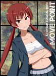  breasts cleavage collarbone crossed_arms jacket_on_shoulders long_hair looking_at_viewer medium_breasts midriff musujime_awaki red_eyes red_hair rinkai_(mamepika8492) sarashi solo to_aru_majutsu_no_index twintails 