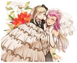  1boy 1girl blonde_hair braid carrying crossdressing dangan_ronpa danganronpa dress fangs flower hair_ornament pink_hair princess_carry sonia_nevermind souda_kazuichi super_dangan_ronpa_2 super_danganronpa_2 wedding_dress wink 