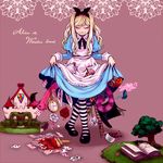  alice_(wonderland) alice_in_wonderland ameya_nihachi animal_ears apron bird blonde_hair book bottle bow bug bunny_ears butterfly card cat_tail cookie cup curtsey dress flower food hair_bow insect mary_janes mushroom open_book paintbrush pantyhose playing_card pocket_watch rose shoes skirt_basket smile striped striped_legwear tail tea teacup tree watch 