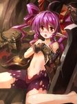  armor bare_shoulders blush covering covering_breasts edobox gauntlets hair_ribbon helmet huge_weapon midriff navel original pauldrons pink_hair pointy_ears red_eyes ribbon sitting solo sword tears torn_clothes twintails weapon 