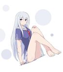  barefoot blue_eyes collarbone dutch_angle eyebrows_visible_through_hair feet full_body hand_on_own_knee highres hu_sea long_hair looking_at_viewer natsukawa_masuzu ore_no_kanojo_to_osananajimi_ga_shuraba_sugiru pleated_skirt school_uniform silver_hair simple_background sitting skirt solo white_background white_skirt 