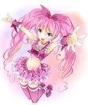  :d blue_eyes bow choker cure_melody earrings frilled_skirt frills hair_ornament hair_ribbon houjou_hibiki jewelry jumping long_hair midriff navel open_mouth outstretched_arm pink_bow pink_choker pink_hair pink_legwear precure ratryu ribbon shoes skirt sleeveless smile solo suite_precure thighhighs twintails wrist_cuffs 