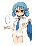  bespectacled blank_speech_bubble blue_hair bra glasses hair_cubes hair_ornament masha naganohara_mio necktie nichijou no_pants panties school_uniform see-through short_hair skirt skirt_removed solo speech_bubble tokisadame_school_uniform twintails underwear wet wet_clothes 