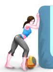  ass barefoot breasts brown_hair capri_pants full_body highres long_hair looking_at_viewer manganiac medium_breasts midriff pants pink_eyes ponytail smash_ball soft_focus solo spandex stretch super_smash_bros. tank_top wii_fit wii_fit_trainer 