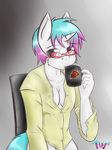  binary blind blouse breasts chair cleavage clothed clothing cup equine eyewear female fur glasses horn horse looking_at_viewer mammal mug my_little_pony netrunner original_character pony signature simple_background solo unicorn vixy_(artist) white_fur 