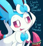  artist_name bead_bracelet beads blue_background bow bracelet commentary english eye_reflection fang highres jewelry no_humans pokemon pokemon_(creature) prehensile_ribbon purpleninfy red_eyes red_sclera reflection ribbon shiny_pokemon simple_background sky speech_bubble star_(sky) starry_sky sylveon 