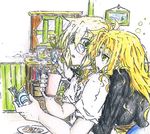  1girl black_shirt blonde_hair blush book bookshelf cup curtains fate_testarossa flower food glasses green_eyes hug hug_from_behind lyrical_nanoha mahou_shoujo_lyrical_nanoha mahou_shoujo_lyrical_nanoha_a's mahou_shoujo_lyrical_nanoha_strikers patyurin119 plate platinum_blonde_hair room shirt sleepy vase white_shirt window yuuno_scrya 