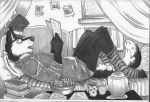  anthro bed book canine clothed clothing cup dog food greyscale hat husky jeanwoof legwear lying male mammal monochrome on_back pillow sketch socks solo thehuskyk9 toeless_socks top_hat traditional_media_(artwork) underwear 