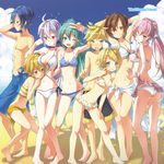  6+girls akita_neru aqua_hair arms_behind_head barefoot beach bikini blonde_hair blue_eyes brown_eyes brown_hair everyone hatsune_miku kagamine_len kagamine_rin kaito long_hair megurine_luka meiko multiple_boys multiple_girls natsumi_yuu one_eye_closed pink_hair ponytail project_diva project_diva_(series) project_diva_2nd purple_hair red_eyes short_hair side-tie_bikini skirt skirt_lift smile swimsuit swimwear_(module) swimwear_b_(module) swimwear_p_(module) v vocaloid voyakiloid yowane_haku 