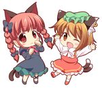  :3 animal_ears braid brown_eyes brown_hair cat_ears cat_tail chen chibi earrings fang hair_ribbon hat jewelry kaenbyou_rin multiple_girls multiple_tails paw_pose pila-pela pointy_ears red_eyes red_hair ribbon tail touhou wings 