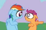  blue_fur cub duo equine eyes female feral friendship_is_magic fur hair horse mammal multi-colored_hair my_little_pony outside pegasus pony purple_eyes purple_hair rainbow_dash_(mlp) rainbow_hair scootaloo_(mlp) wings young 