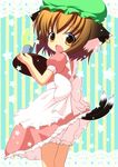  alternate_costume animal_ears bloomers brown_eyes brown_hair cat_ears cat_tail chen cup earrings fang hat jewelry multiple_tails pila-pela ribbon solo star tail tea touhou tray underwear 