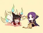  ahri all_fours animal_ears brown_hair cat chibi emilia_leblanc fox_ears fox_tail hooreng jealous korean league_of_legends long_hair multiple_girls multiple_tails purple_eyes purple_hair tail yellow_eyes 