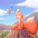  ambiguous_gender arthropod big_tail butterfly canine cloud clouds fox fur grass green_eyes hi_res insect mammal mountain orange_fur rudragon sky solo stump tree_stump 
