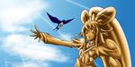  aida_mana bird blue_sky cloud cure_heart day dokidoki!_precure half_updo light_rays moritakusan outstretched_arm ponytail precure sky solo statue sunbeam sunlight swallow upper_body 