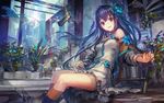  :d blue_hair blue_legwear character_request flower gun hair_flower hair_ornament kneehighs knife leaf lm7_(op-center) long_hair open_mouth original plant planted_weapon potted_plant red_eyes sitting smile solo stairs weapon 