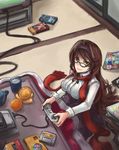  arceonn box breasts brown_eyes brown_hair cable cartridge controller crt cup food fruit game_console game_controller gamepad glasses hairband highres kotatsu large_breasts long_hair looking_at_viewer magazine mario_(series) orange playing_games red_scarf scarf sitting super_famicom super_famicom_gamepad super_mario_world table tatami teacup television 
