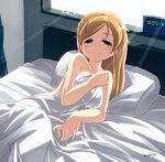  alarm_clock artist_name bare_shoulders bed blonde_hair blueberry_(5959) blush breasts brown_eyes clock covering covering_breasts digital_clock highres indoors long_hair lying medium_breasts naked_sheet on_side original pillow signature smile solo sunlight 
