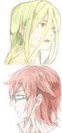  afuro_terumi androgynous blonde_hair dama_(akilay) face glasses green_eyes inazuma_eleven_(series) inazuma_eleven_go kiyama_hiroto long_hair male_focus multiple_boys older open_mouth profile red_eyes red_hair upper_body 