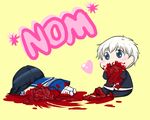  1boy 1girl bad_end blonde_hair blood blood_on_face bloody_clothes blue_eyes blue_hair blush_stickers cannibalism chibi corpse corpse_party death eating face_down guro intestines kishinuma_yoshiki organs school_uniform shinozaki_ayumi short_twintails twintails 