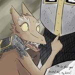  armor blush_(artist) breasts dialog ear_piercing english_text female human knight kobold looking_up male mammal open_mouth piercing scalie shocked teeth text 