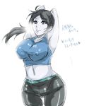  armpits black_hair clothes_writing grey_eyes long_hair midriff navel oekaki ponytail sekitaku smile solo spandex tank_top taut_clothes translation_request white_skin wii_fit wii_fit_trainer 