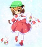  animal_ears bell brown_eyes brown_hair cat cat_ears cat_tail chen christmas earrings fang gift hat highres jewelry mittens multiple_tails one_eye_closed pantyhose pila-pela ribbon snow solo tail touhou 