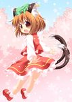  :3 animal_ears brown_eyes brown_hair cat_ears cat_tail chen cherry_blossoms earrings fang hat jewelry looking_back multiple_tails pila-pela solo tail touhou 