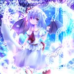  bat_wings blue_hair crescent dress frills furomaaju_(fromage) hat hat_ribbon laces puffy_sleeves purple_eyes remilia_scarlet ribbon short_hair short_sleeves sitting skirt solo touhou wings 