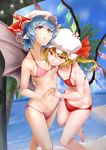  :o backdrop barefoot bat_wings beach bikini blonde_hair blue_hair blush breasts collarbone fangs flandre_scarlet groin hat hat_ribbon highres looking_at_viewer multiple_girls nail_polish nathaniel_pennel navel pink_bikini pointy_ears red_bikini red_eyes remilia_scarlet ribbon short_hair siblings sisters slit_pupils small_breasts sweat swimsuit touhou wings 
