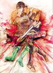  bad_id bad_pixiv_id blade blurry christa_renz freckles hand_on_shoulder highres holding multiple_girls paradis_military_uniform rimasogebu shingeki_no_kyojin short_hair traditional_media uniform watercolor_(medium) ymir_(shingeki_no_kyojin) 