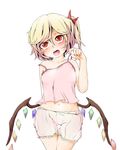  bacho blonde_hair bloomers blush camisole flandre_scarlet hair_ribbon low_wings midriff navel no_hat no_headwear open_mouth red_eyes ribbon short_hair side_ponytail simple_background solo strap_lift thigh_gap tongue tongue_out touhou underwear underwear_only white_background white_bloomers wings 