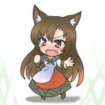  [] animal_ears blush brooch brown_hair chibi dress fang fingernails imaizumi_kagerou jewelry long_hair long_sleeves open_mouth red_eyes solo tears touhou white_background wolf_ears 