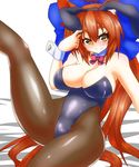  animal_ears bow bowtie brown_eyes brown_hair bunny_ears bunnysuit cat_ears detached_collar fishnet_pantyhose fishnets highres leg_up long_hair original pantyhose solo wrist_cuffs yamaneko_ken 