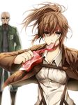  1girl blurry brown_eyes brown_hair depth_of_field eating food hanakeda_(hanada_shiwo) jacket keith_shadis meat mouth_hold paradis_military_uniform ponytail sasha_braus shingeki_no_kyojin white_background 