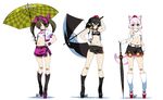  alternate_costume animal_ears belt black_hair blush boots bow breasts brown_eyes brown_hair checkered choker closed_umbrella fur_trim geta hair_bow hand_on_hip hat high_heels himekaidou_hatate hyouju_issei inubashiri_momiji leaf_cutout long_hair looking_at_viewer medium_breasts midriff multiple_girls navel one_eye_closed pink_hair planted_umbrella platform_footwear pointy_ears race_queen red_eyes shameimaru_aya shoes short_hair simple_background skirt small_breasts smile strapless tengu-geta tokin_hat touhou tubetop twintails umbrella white_background white_legwear wolf_ears 