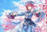  cherry_blossoms citemer dual_wielding fan folding_fan goshoguruma hat highres holding japanese_clothes pink_hair purple_eyes saigyouji_yuyuko saigyouji_yuyuko's_fan_design shippou_(pattern) short_hair smile solo touhou 