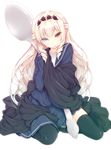  black_flower black_legwear black_rose blonde_hair blue_eyes character_request drill_hair flower hairband heterochromia hug kisei_kanojo_sana long_hair luna_lia oversized_object parted_lips rose sidelocks simple_background solo spoon thighhighs white_background 