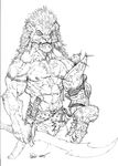  anthro armband armor beard belt biceps chest_tuft clothing ear_piercing facial_hair fantasy feline fur hair lion male mammal mane muscles navel nipple_piercing nipples pants pecs pencil piercing pose scar scimitar sketch solo standing sword tdm-studios toned topless tuft vein warrior weapon 