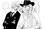  ... 2boys arciel arciel12 cavendish cigarette crossed_arms dressrosa duo facial_hair flower glasses goatee hair_over_one_eye hat highres male male_focus monochrome multiple_boys one_piece rose sanji 