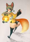  animal_ears bell blue_hair copyright_request fingerless_gloves fox_ears fox_tail gloves lantern lokman_lam solo tail 