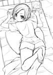  1girl barefoot bed chips from_above kobayakawa_rinko looking_at_viewer looking_back love_plus lying monochrome mouth_hold on_stomach short_hair solo sumeragi_kohaku sumeragitec 