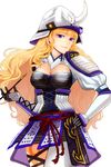  armor beatrice blonde_hair blue_eyes breasts cleavage hair_down helmet japanese_armor kabuto kiseru long_hair medium_breasts nanamura pipe puffy_sleeves samurai smile solo umineko_no_naku_koro_ni 