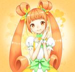  brown_eyes brown_hair choker cure_rosetta dokidoki!_precure double_bun dress earrings flower green_choker hair_flower hair_ornament hands_clasped jewelry lips long_hair magical_girl mogggggge orange_background own_hands_together precure puffy_sleeves ribbon rose short_sleeves smile solo twintails wrist_cuffs yotsuba_alice 