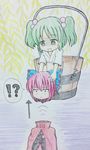  2girls :&lt; black_eyes bow bucket cape colored_pencil_(medium) crossed_arms directional_arrow disembodied_head green_hair grin hair_bobbles hair_bow hair_ornament headless jiitsuu_(kazuron_suzuki) kisume lifting looking_down motion_lines multiple_girls red_hair sekibanki short_hair short_sleeves smile speech_bubble touhou traditional_media twintails water willow wooden_bucket 