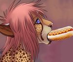  abstract_background cheetah eating feline food girly hair hot_dog humor long_hair male mammal markings open_mouth pineappleshark pink_hair plain_background purple_eyes solo spots suggestive suggestive_food tongue whiskers 