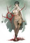  armlet bird_skull bracelet breasts cape copyright_name curvy highleg highleg_panties jewelry kingdom_death large_breasts lokman_lam navel panties red_eyes sandals short_hair thighlet underwear walking watermark web_address white_background white_panties wide_hips 