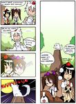  4koma black_hair brown_hair comic commentary detached_sleeves dog finnish hat himekaidou_hatate howling inubashiri_momiji inubashiri_momiji_(wolf) leaf-pattern_stripe moon multiple_girls pug purple_eyes red_eyes setz shameimaru_aya skirt st_bernard tokin_hat touhou translated white_hair wolf 