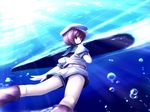  commentary_request hat highres looking_at_viewer looking_back murasa_minamitsu purple_hair sailor short_hair shorts smile solo touhou tsubasa_(abchipika) underwater wet wet_clothes 